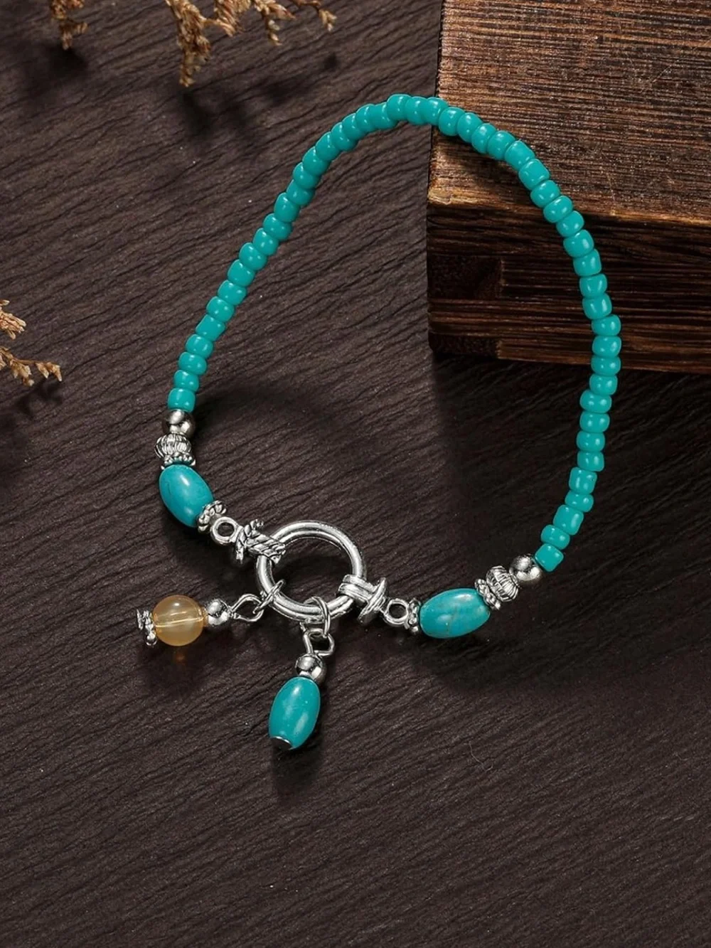 New !Turquoise Beaded Anklet with Silver Toggle & Charms